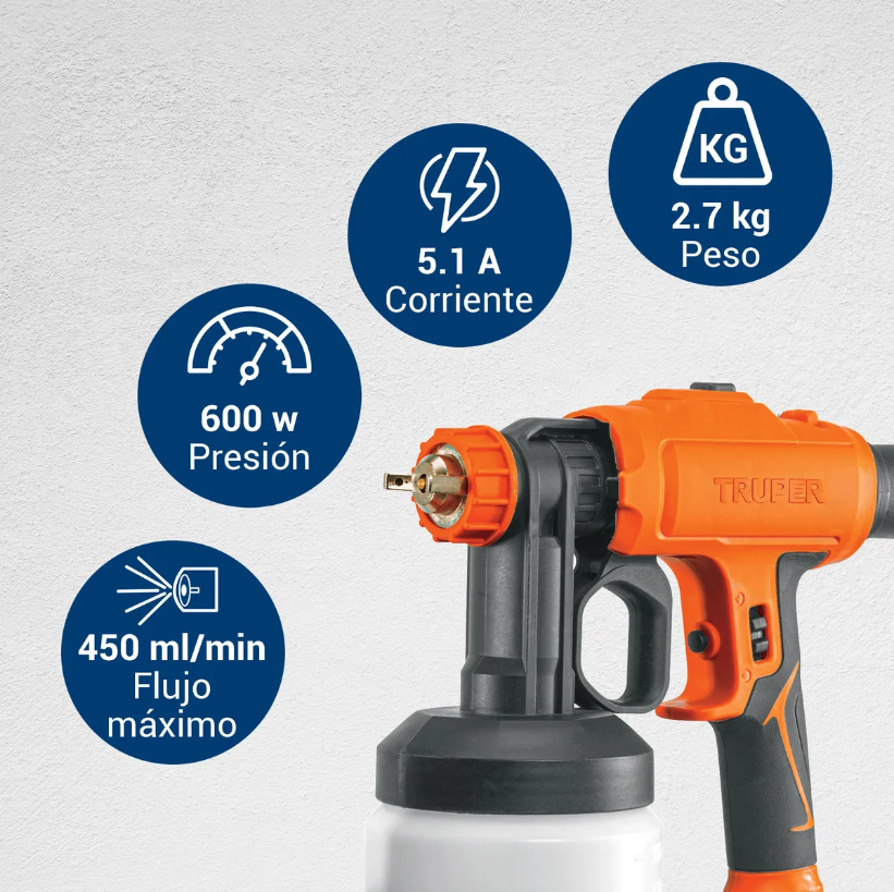 Pistola para Pintar Eléctrica Truper 600W HVLP - Motor Potente, Vaso 900ml, Control Ajustable