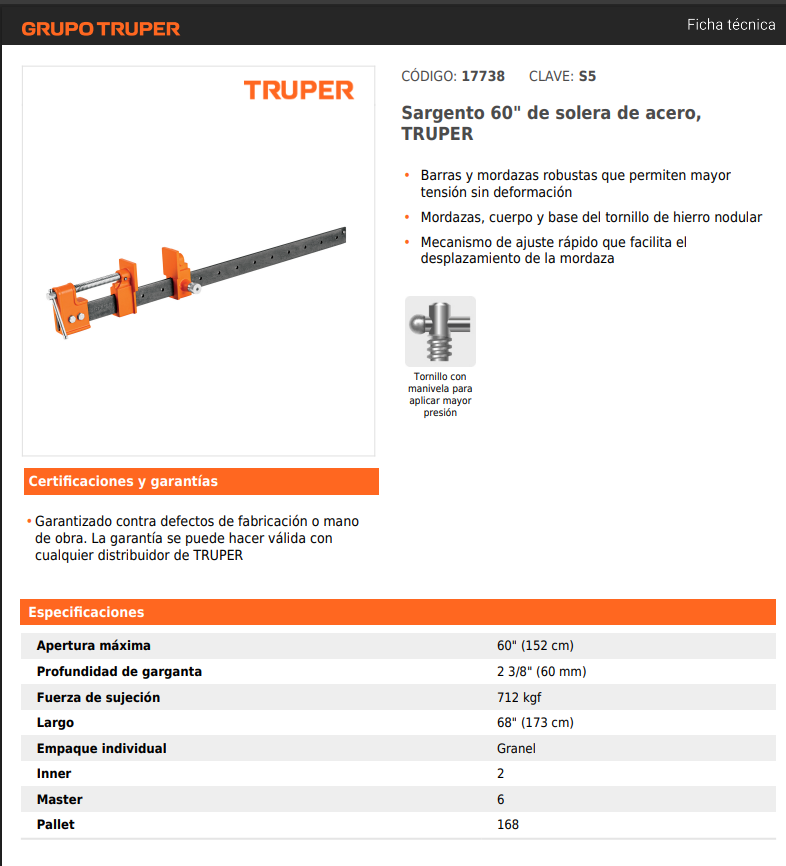 Sargento Industrial Truper 60" Solera Acero - Mordazas Hierro Nodular Ajuste Rápido