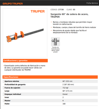 Sargento Industrial Truper 60" Solera Acero - Mordazas Hierro Nodular Ajuste Rápido
