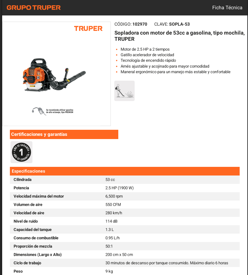 Sopladora tipo Mochila a Gasolina 53cc TRUPER – Alta Potencia para Jardín y Obra