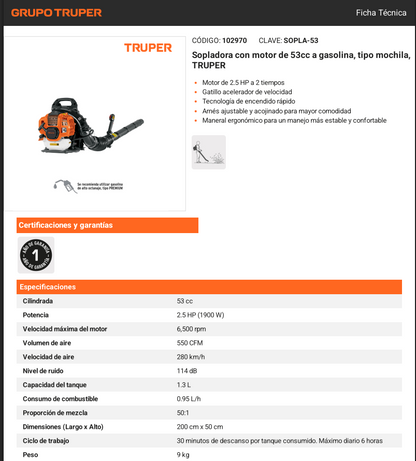 Sopladora tipo Mochila a Gasolina 53cc TRUPER – Alta Potencia para Jardín y Obra