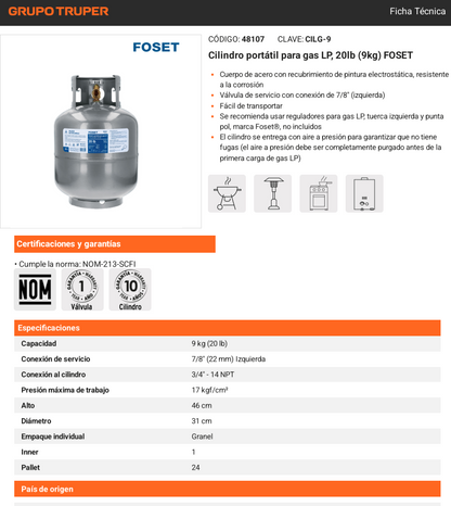 Tanque de Gas Cilindro portátil para gas LP, 20lb (9kg) FOSET