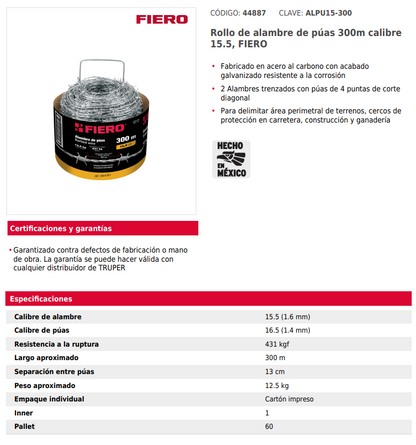 Alambre de Púas 300m FIERO - Protección Perimetral para Terrenos Grandes
