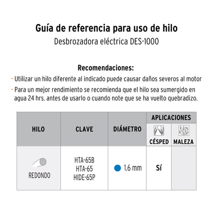 Desbrozadora eléctrica 1000 W mango "D", 14" corte, Truper