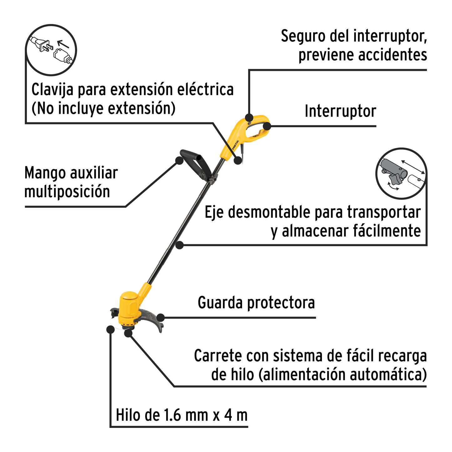 Desbrozadora eléctrica 300 W mango "D", 9" corte, PRETUL