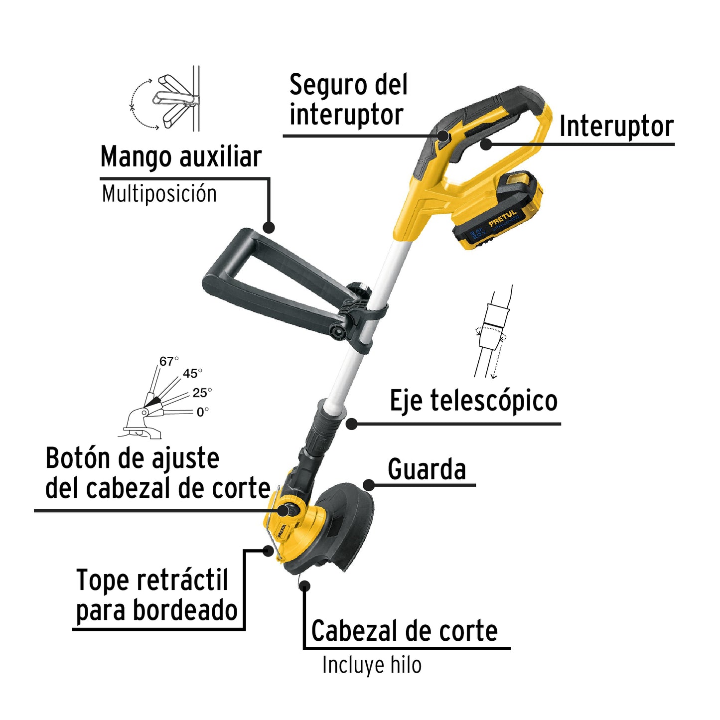 Desbrozadora inalámbrica 20V, 1 batería 2Ah, 1 carg. PRETUL