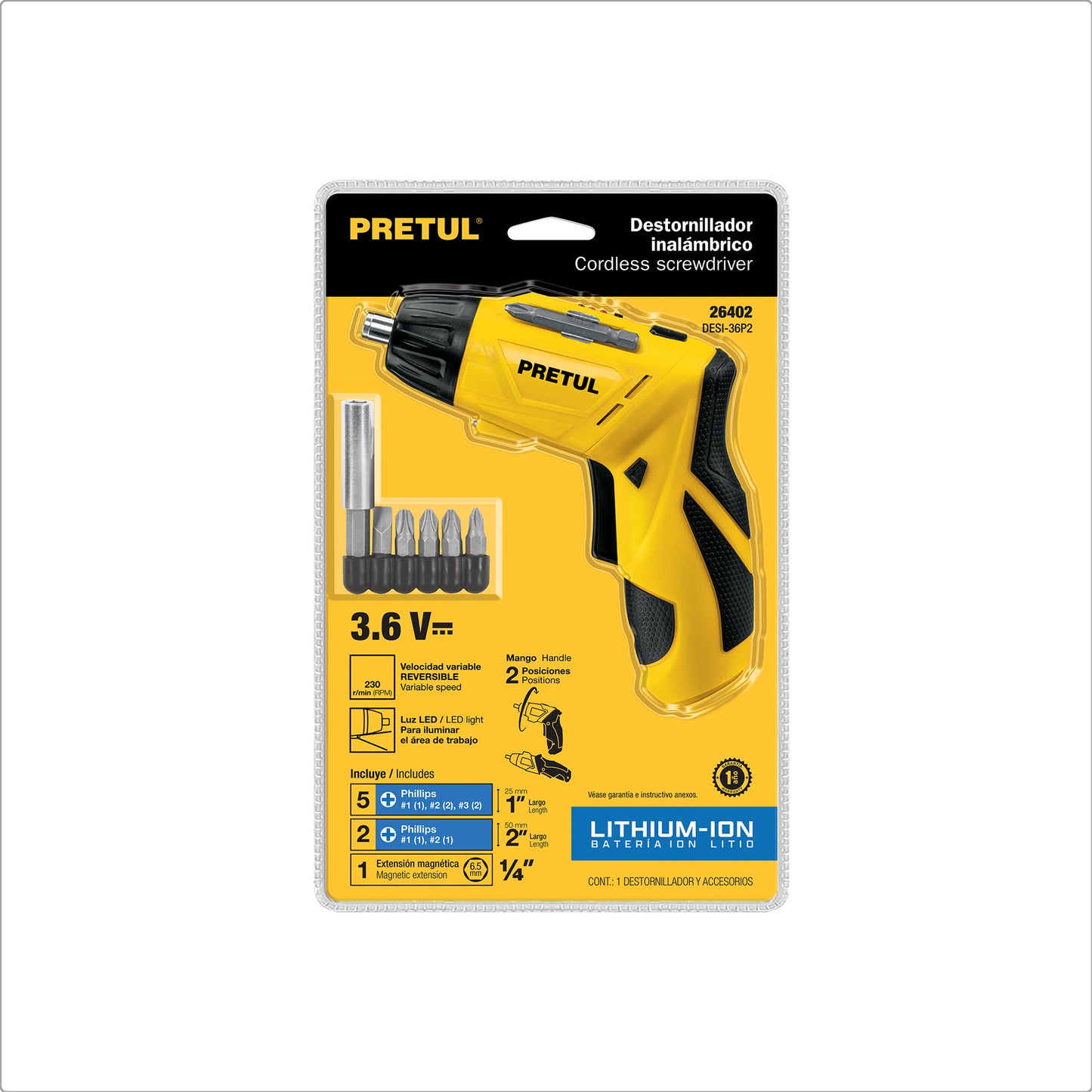 Destornillador Eléctrico PRETUL 3.6V Compacto con LED - Modelo DESI-36P2 - Herramienta Profesional