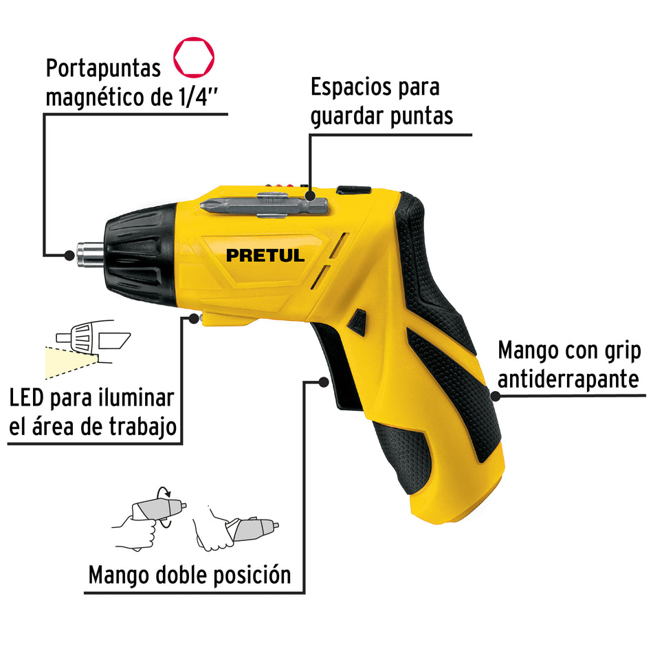 Destornillador Eléctrico PRETUL 3.6V Compacto con LED - Modelo DESI-36P2 - Herramienta Profesional