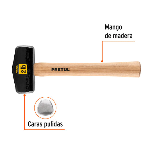 Marro Nevada 2 lbs PRETUL DHT-2P - Herramienta Profesional para Demolición y Golpeo con Mango de Madera 10-3/4"