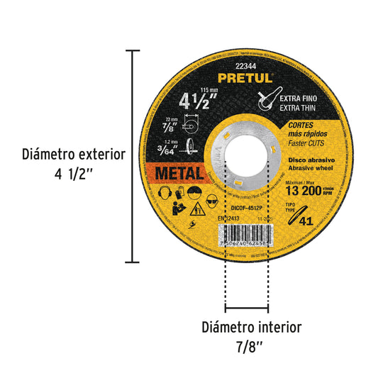 Disco Tipo 41 de 4-1/2" x 1.2 mm corte fino de metal, Pretul, Construccion, Herreria, Mecanico.
