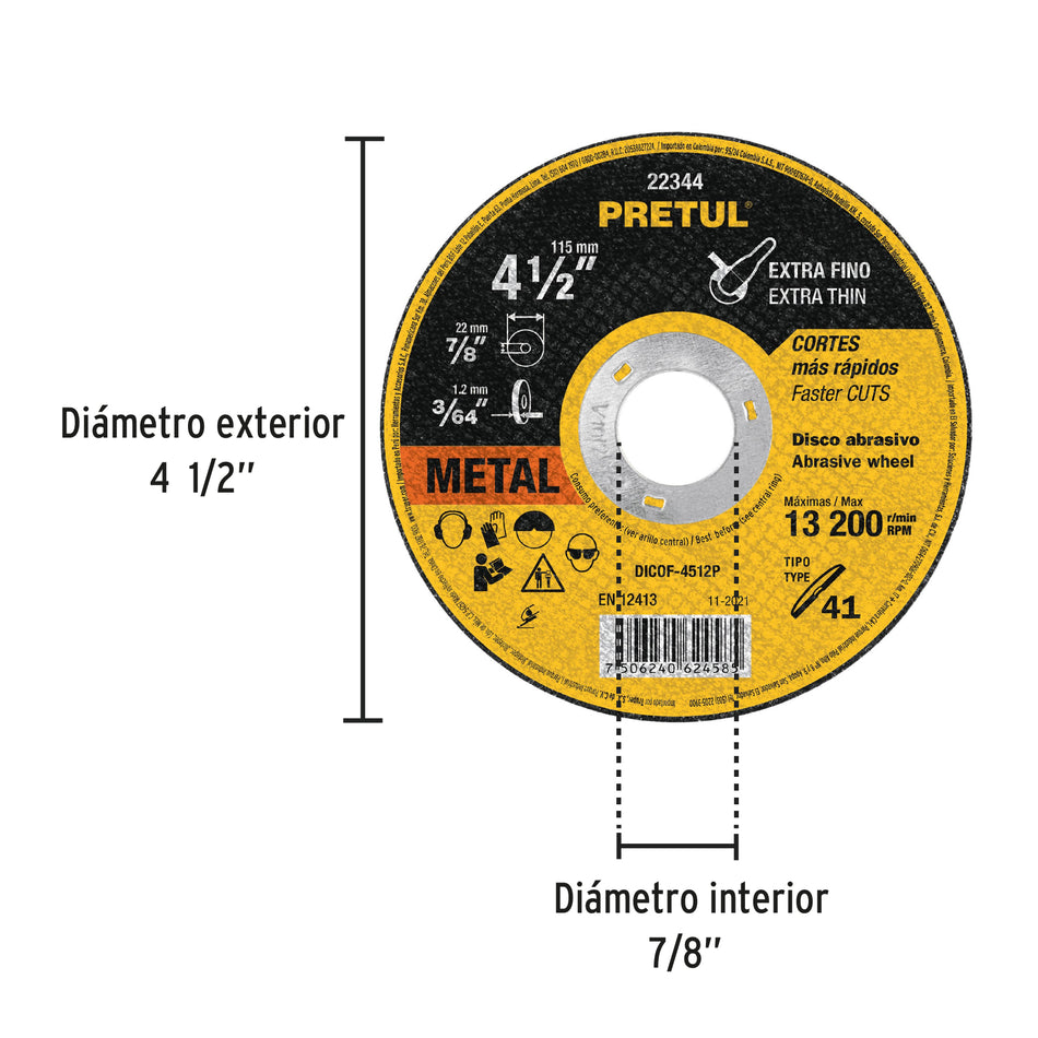 Disco Tipo 41 de 4-1/2" x 1.2 mm corte fino de metal, Pretul, Construccion, Herreria, Mecanico.