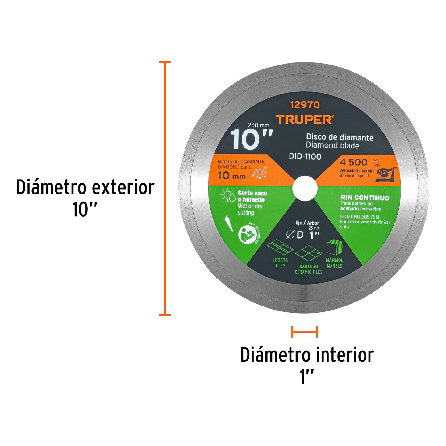 Disco de diamante de 10" x 2.2 mm, rin continuo, TRUPER