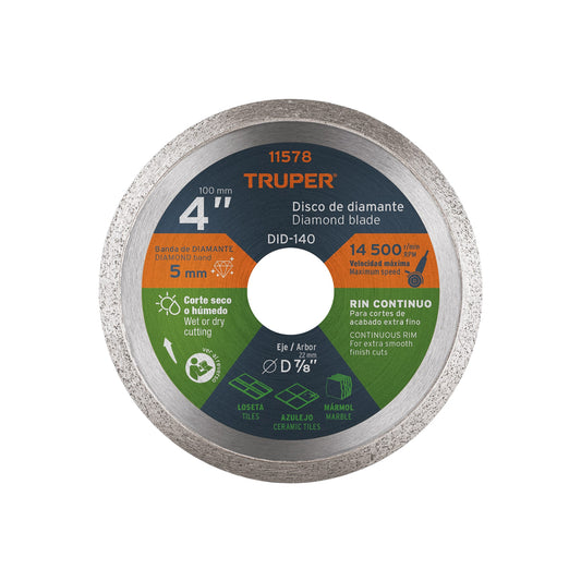 Disco de diamante de 4" x 1.6 mm, rin continuo, TRUPER