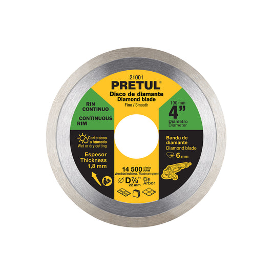 Disco de diamante de 4" x 1.8 mm, rin continuo, PRETUL