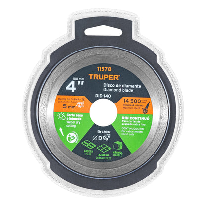 Disco de diamante de 4" x 1.6 mm, rin continuo, TRUPER