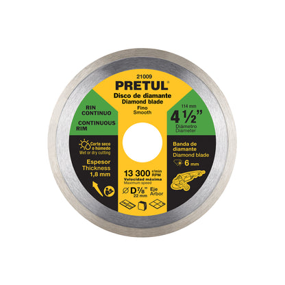 Disco de diamante de 4-1/2" x 1.8 mm, rin continuo, PRETUL