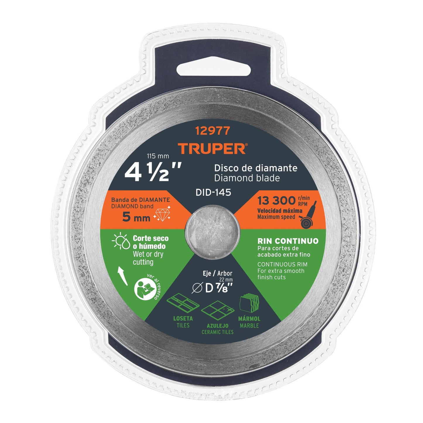 Disco de diamante de 4-1/2" x 1.6 mm, rin continuo, TRUPER