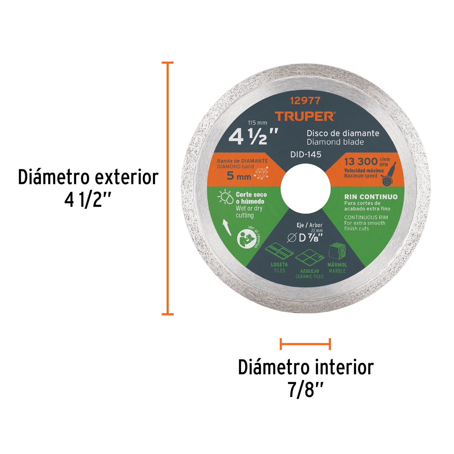 Disco de diamante de 4-1/2" x 1.6 mm, rin continuo, TRUPER