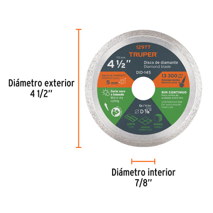 Disco de diamante de 4-1/2" x 1.6 mm, rin continuo, TRUPER