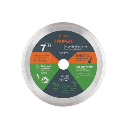 Disco de diamante de 7" x 2.2 mm, rin continuo, TRUPER