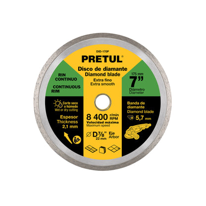 Disco de diamante de 7" x 2.1 mm, rin continuo, PRETUL