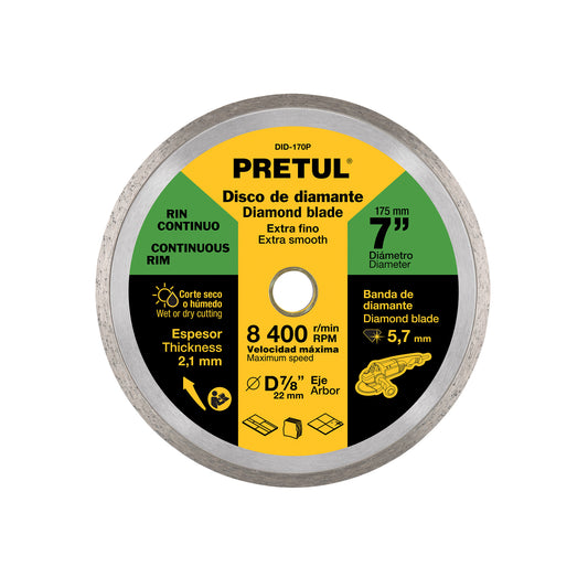 Disco de diamante de 7" x 2.1 mm, rin continuo, PRETUL