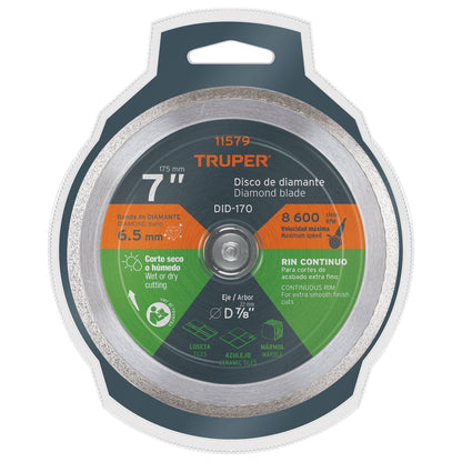 Disco de diamante de 7" x 2.2 mm, rin continuo, TRUPER