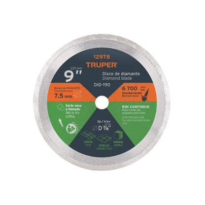 Disco de diamante de 9" x 2.2 mm, rin continuo, TRUPER