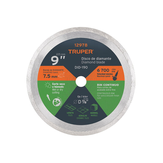 Disco de diamante de 9" x 2.2 mm, rin continuo, TRUPER