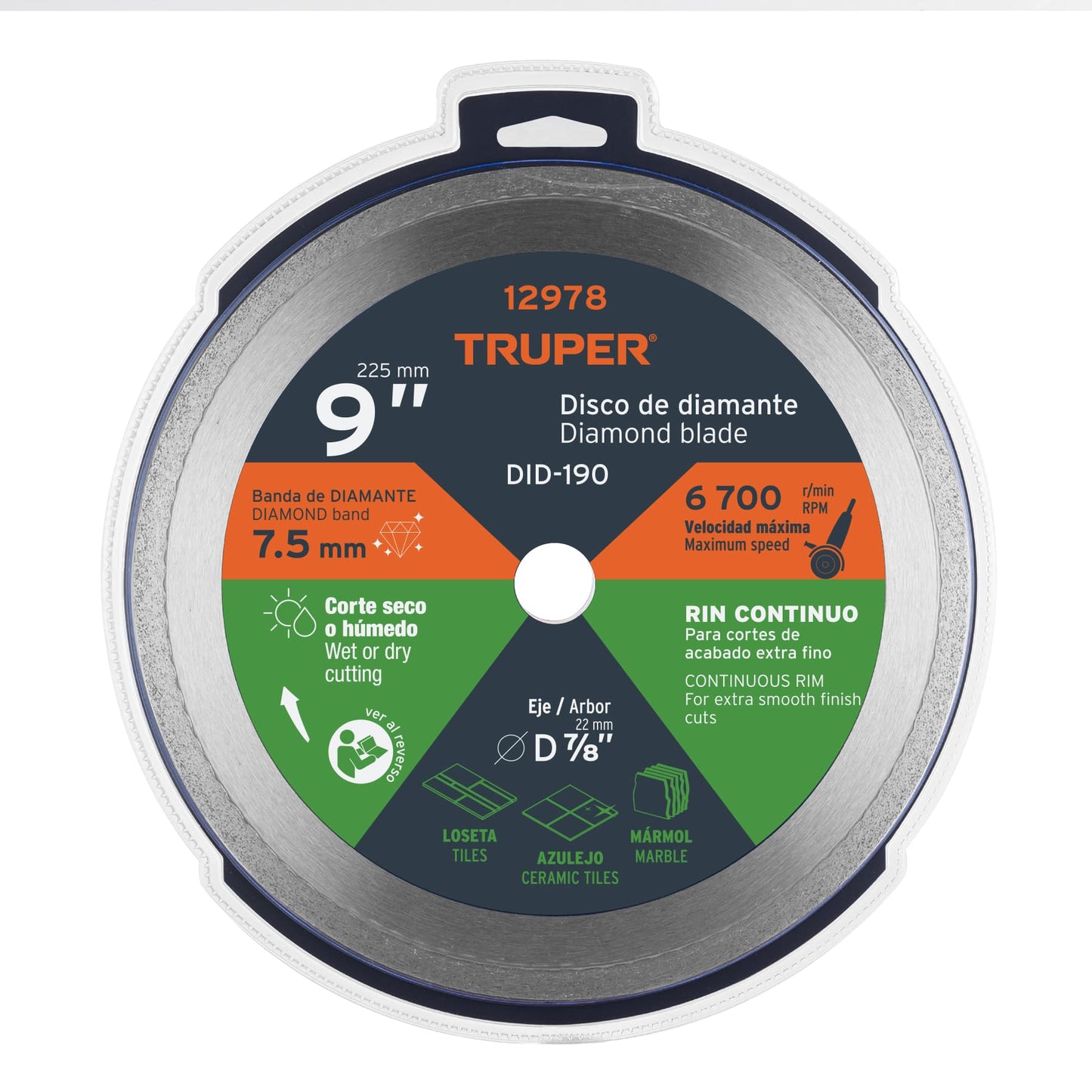 Disco de diamante de 9" x 2.2 mm, rin continuo, TRUPER