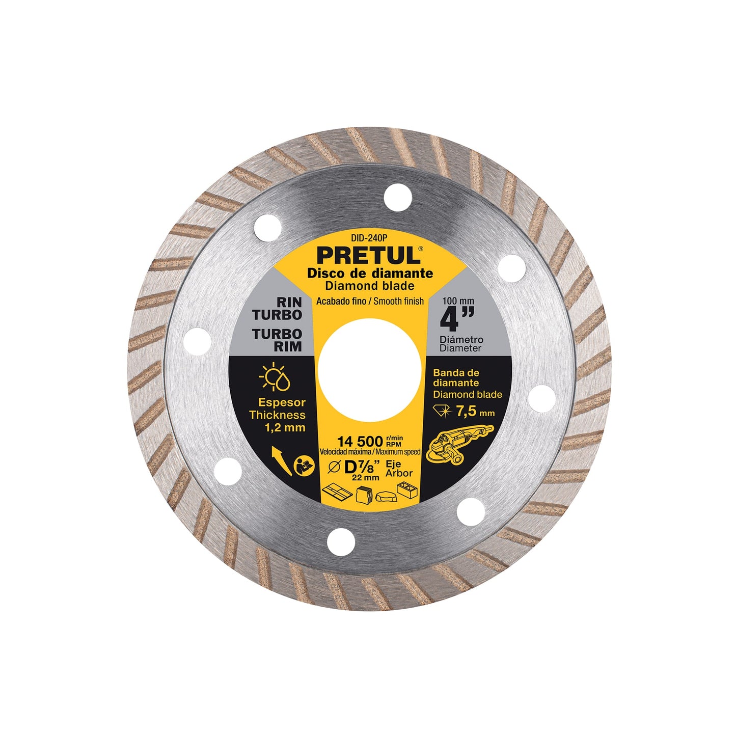 Disco de diamante de 4" x 1.2 mm, rin turbo, PRETUL