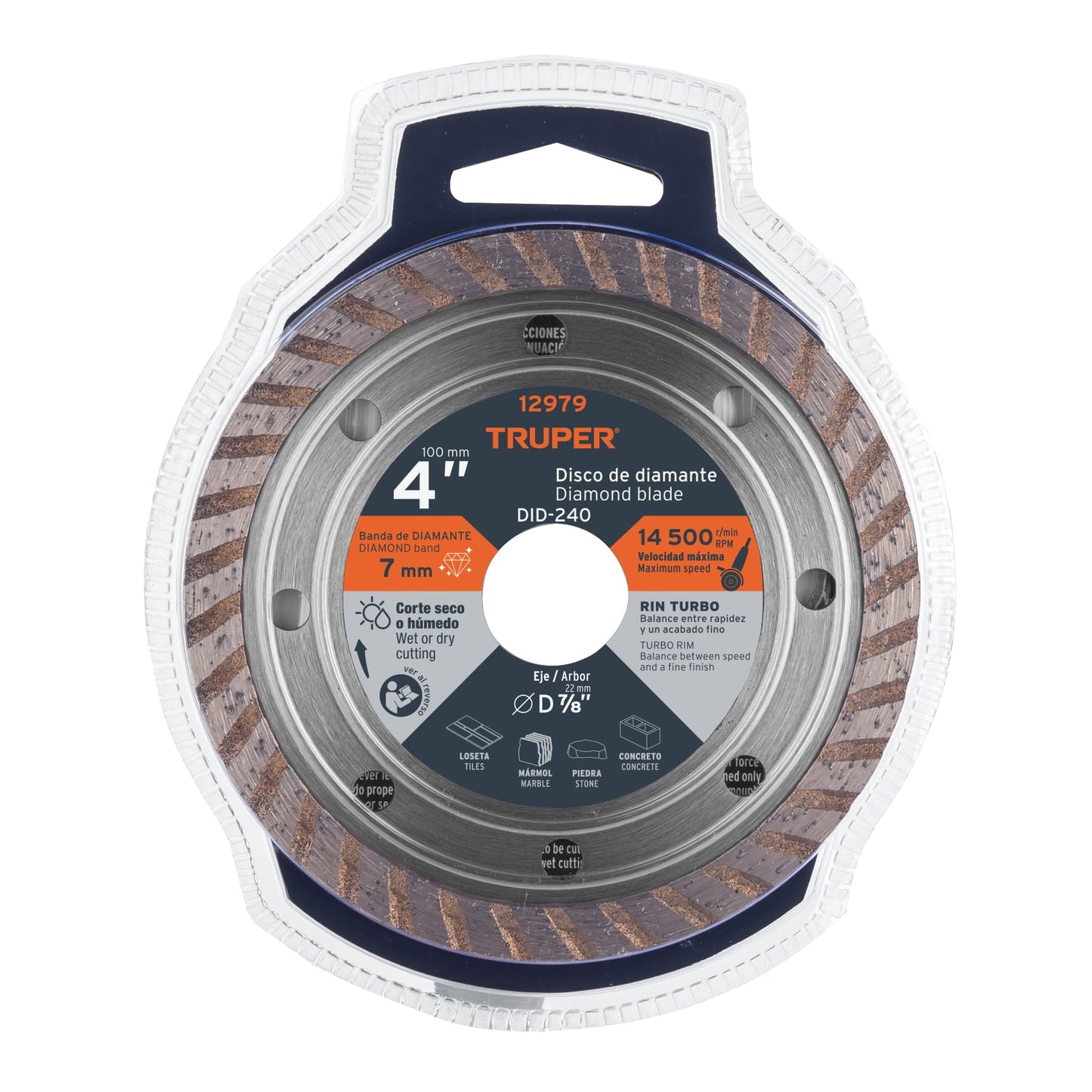 Disco de diamante de 4" x 2.2 mm, rin turbo, TRUPER