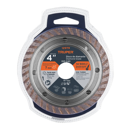 Disco de diamante de 4" x 2.2 mm, rin turbo, TRUPER