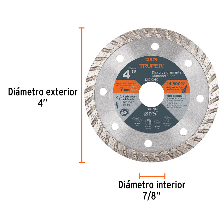 Discos de diamante rin turbo, usos generales, Construccion, Plomeria Truper.