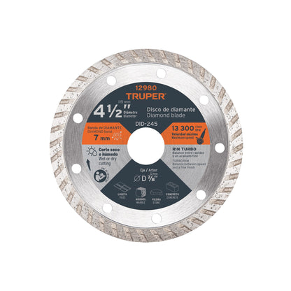 Disco de diamante de 4-1/2" x 2.2 mm, rin turbo, TRUPER