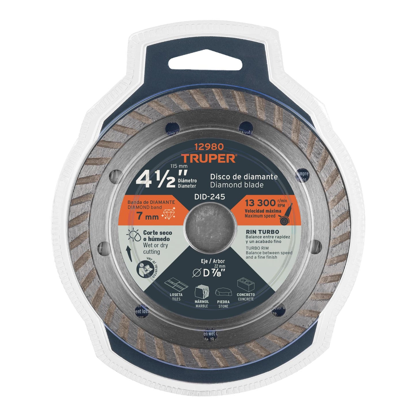 Disco de diamante de 4-1/2" x 2.2 mm, rin turbo, TRUPER