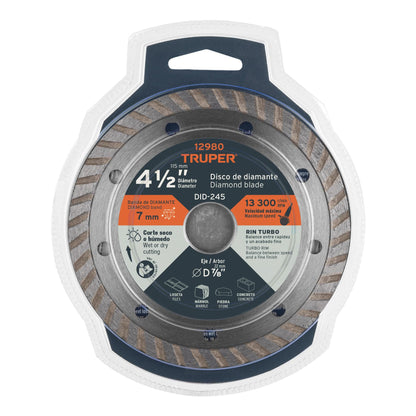 Disco de diamante de 4-1/2" x 2.2 mm, rin turbo, TRUPER