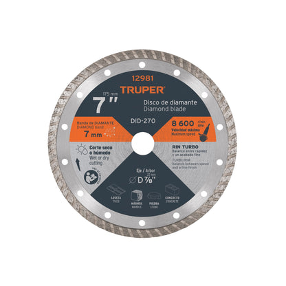 Disco de diamante de 7" x 2.8 mm, rin turbo, TRUPER