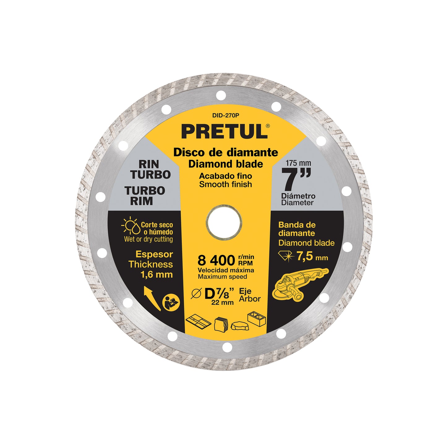 Disco de diamante de 7" x 1.6 mm, rin turbo, PRETUL