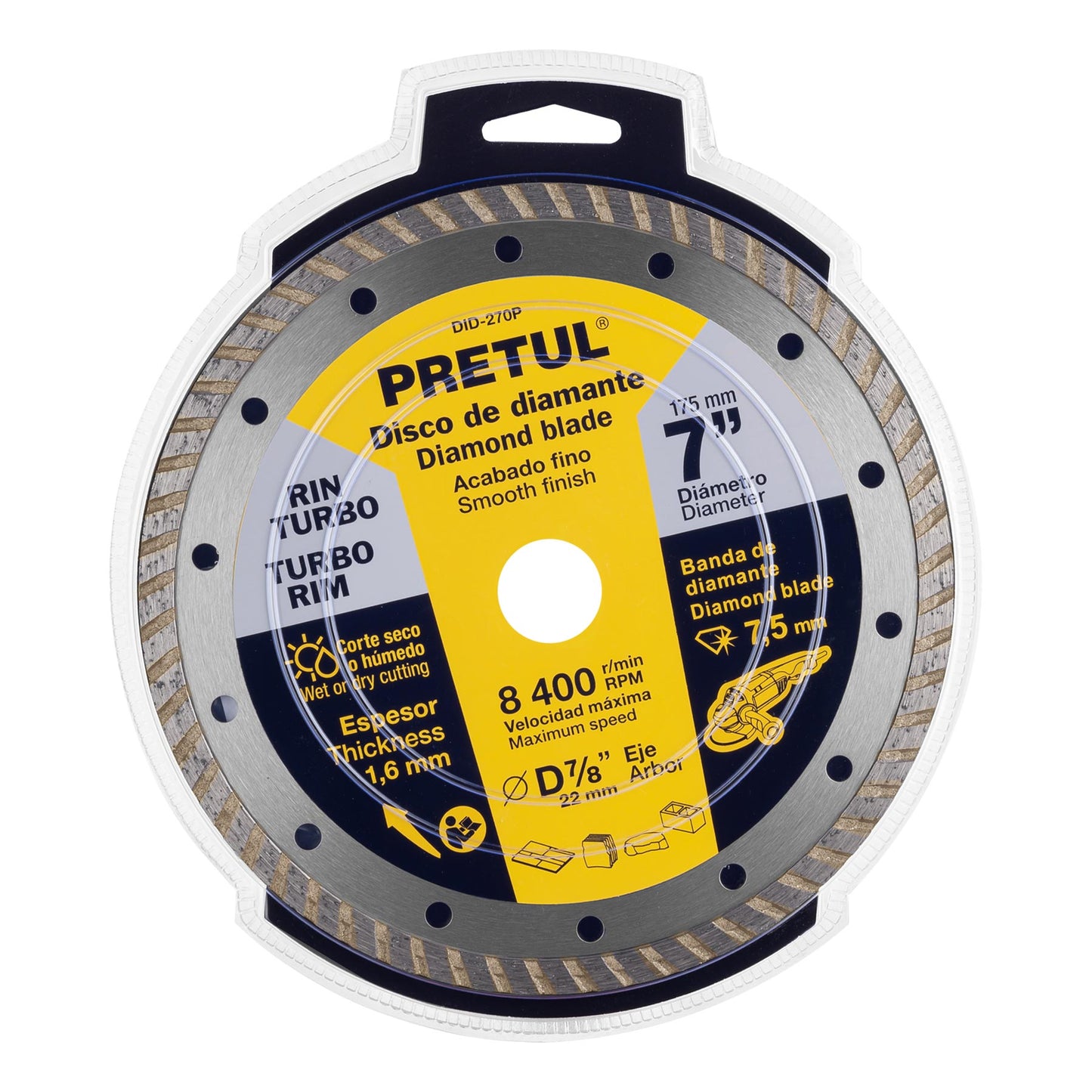 Disco de diamante de 7" x 1.6 mm, rin turbo, PRETUL