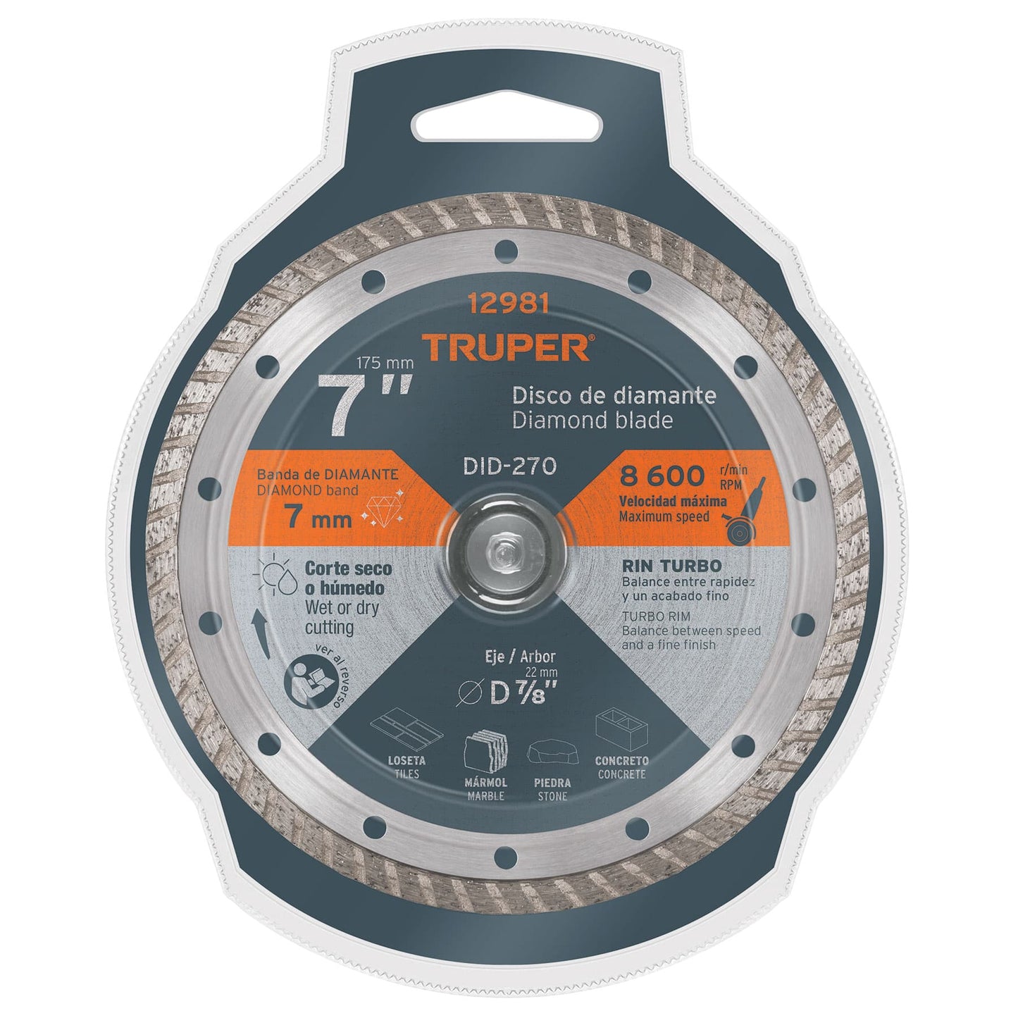 Disco de diamante de 7" x 2.8 mm, rin turbo, TRUPER