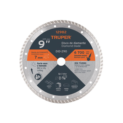 Disco de diamante de 9" x 3 mm, rin turbo, TRUPER