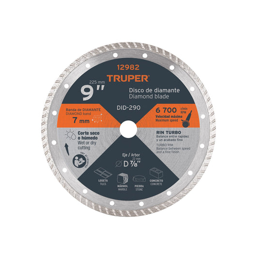Disco de diamante de 9" x 3 mm, rin turbo, TRUPER