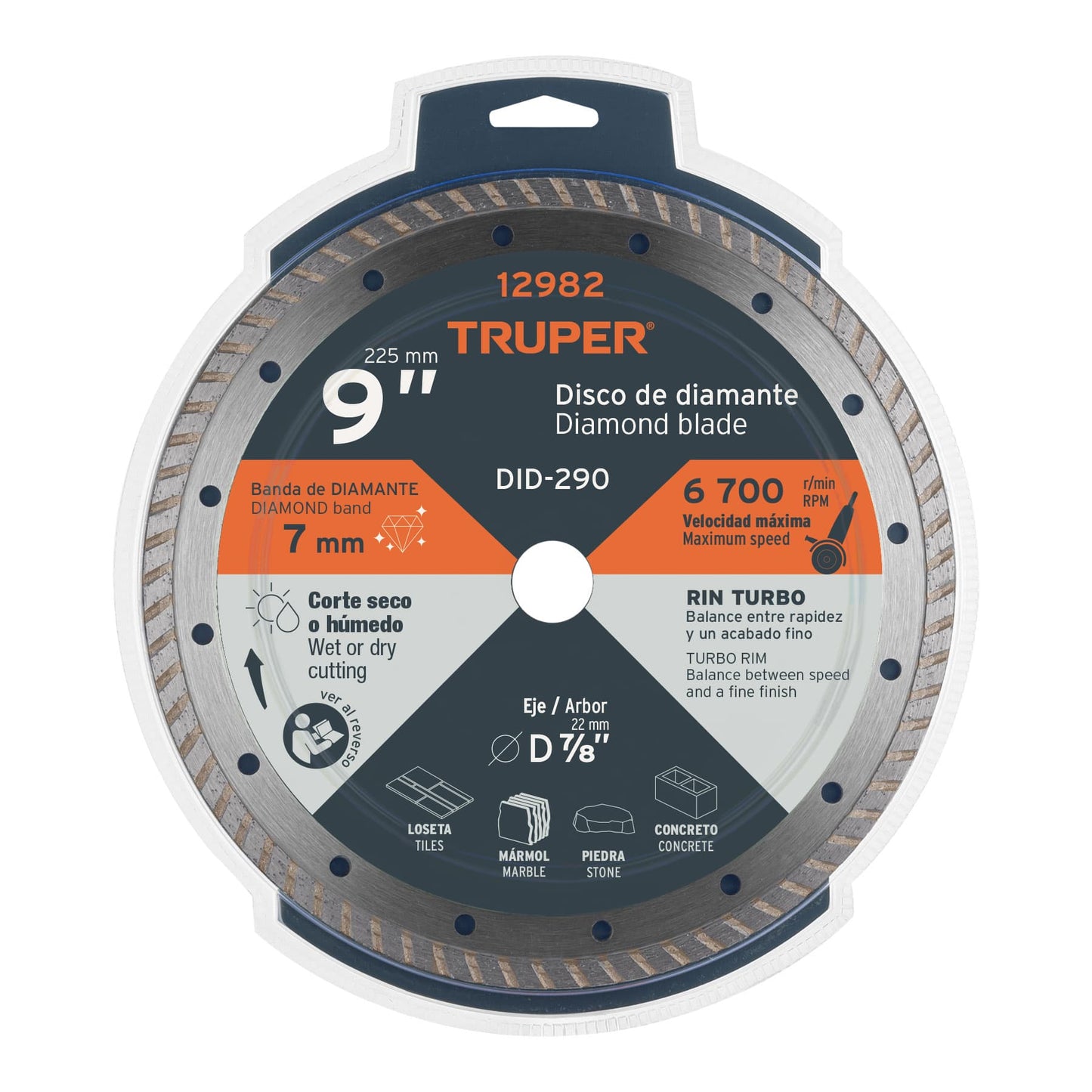 Disco de diamante de 9" x 3 mm, rin turbo, TRUPER