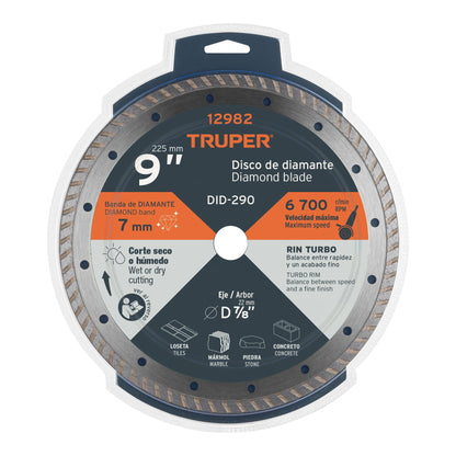 Disco de diamante de 9" x 3 mm, rin turbo, TRUPER