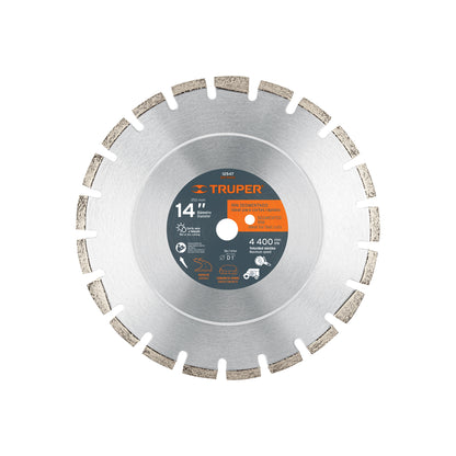 Disco de diamante de 14" x 2.8 mm, corte asfalto y concreto