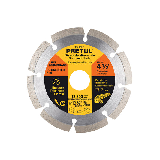 Disco de diamante de 4-1/2" x 1.2 mm rin segmentado, PRETUL
