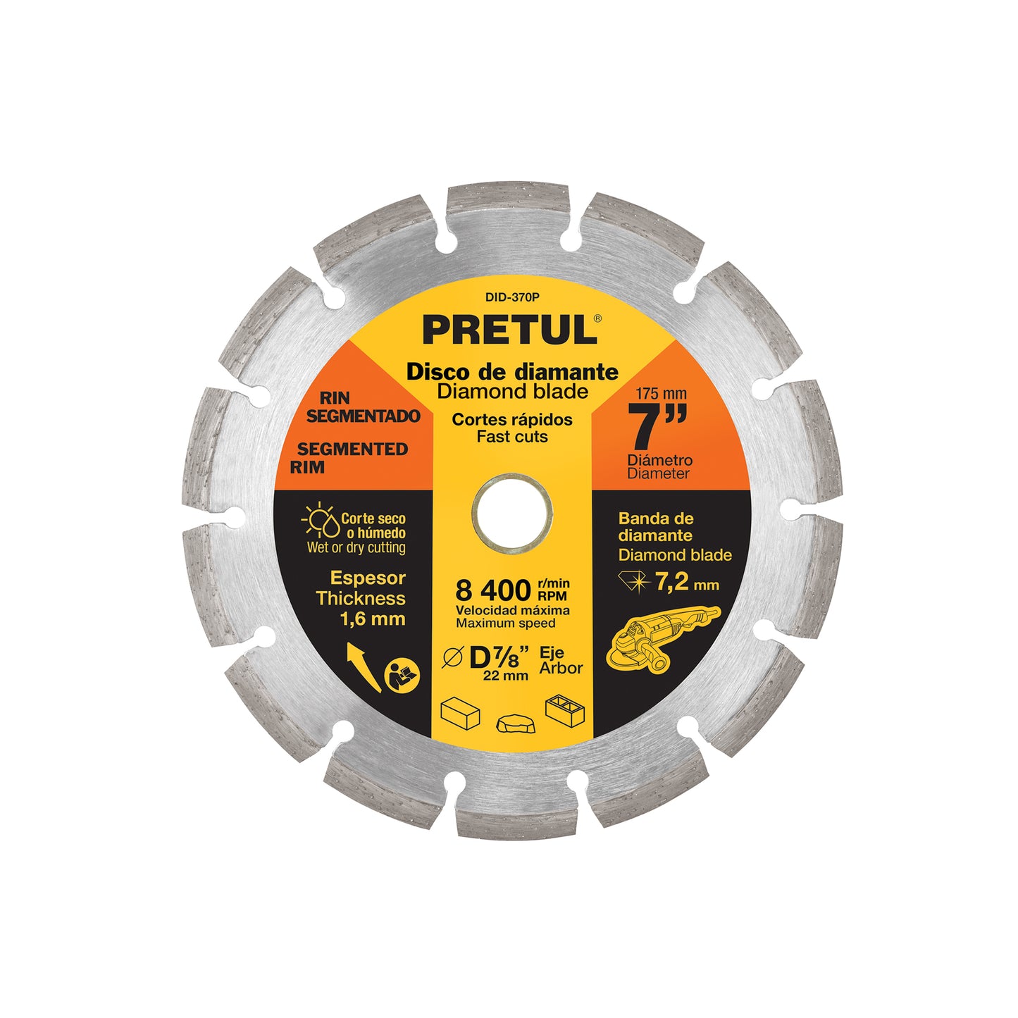Disco de diamante de 7" x 1.6 mm rin segmentado, PRETUL