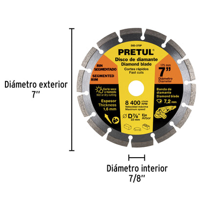 Disco de diamante de 7" x 1.6 mm rin segmentado, PRETUL