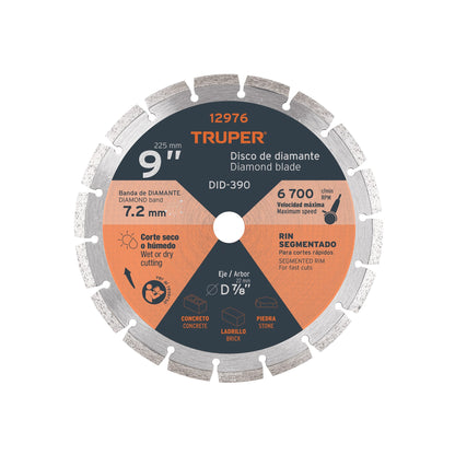 Disco de diamante de 9" x 2.7 mm, rin segmentado, TRUPER